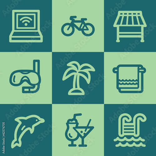 Vacation web icons, green square buttons set