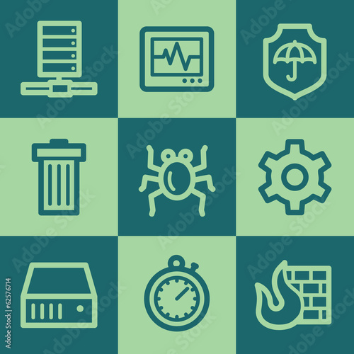 Internet security  web icons, green square buttons set