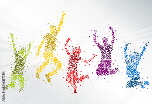 Group of colorful happy people jumping