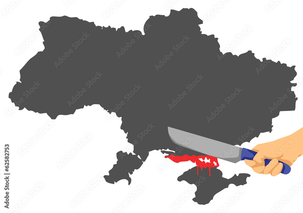 Fototapeta premium Map of Ukraina and hand with knife separating the Krym