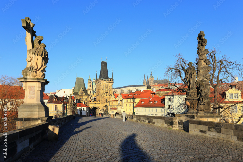 Prague gothic Castle from Charles Bridge with its Statues