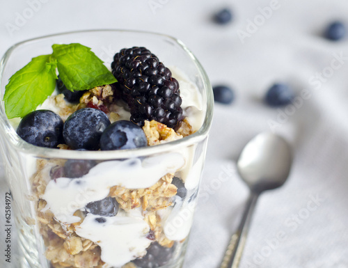 Yogurt with grnola, blackberries and blueberries