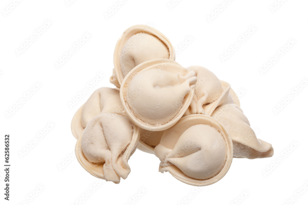 Fototapeta premium bunch of fresh frozen dumplings ready for cooking, isolated on w