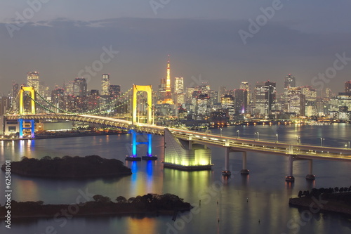 tokyo city with rainbow bridge and tokyo tower