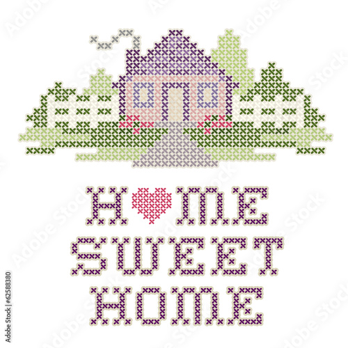 Home Sweet Home Cross Stitch Needlework Embroidery, pastel heart