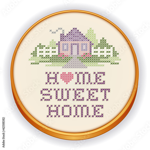 Home Sweet Home Cross Stitch Needlework Embroidery, wood hoop