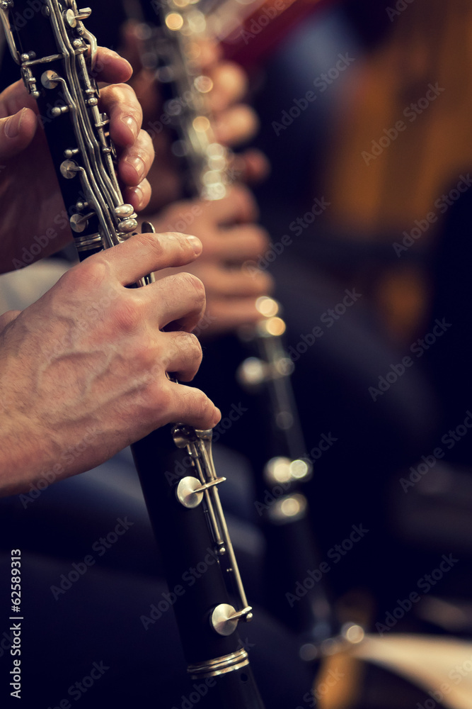 Fototapeta premium Human hands playing a clarinet closeup