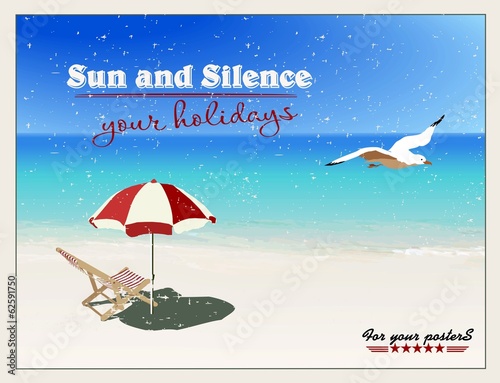 chaise longues, sunshades and seagull  on the beach