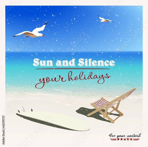 surf, chaise longues , sunshades and seagulls on the beach