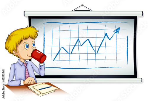 A man drinking his coffee in front of the whiteboard