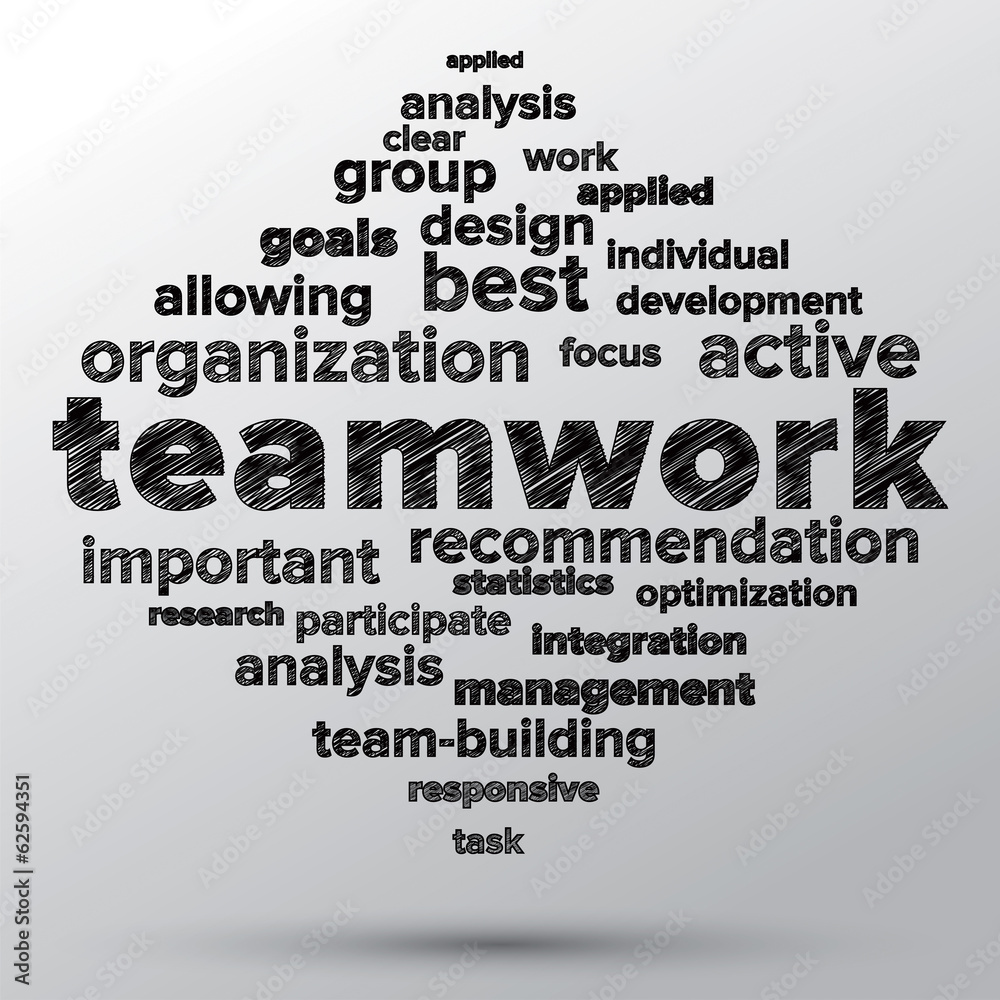 Teamwork and strategy concept sketched in word tag cloud.