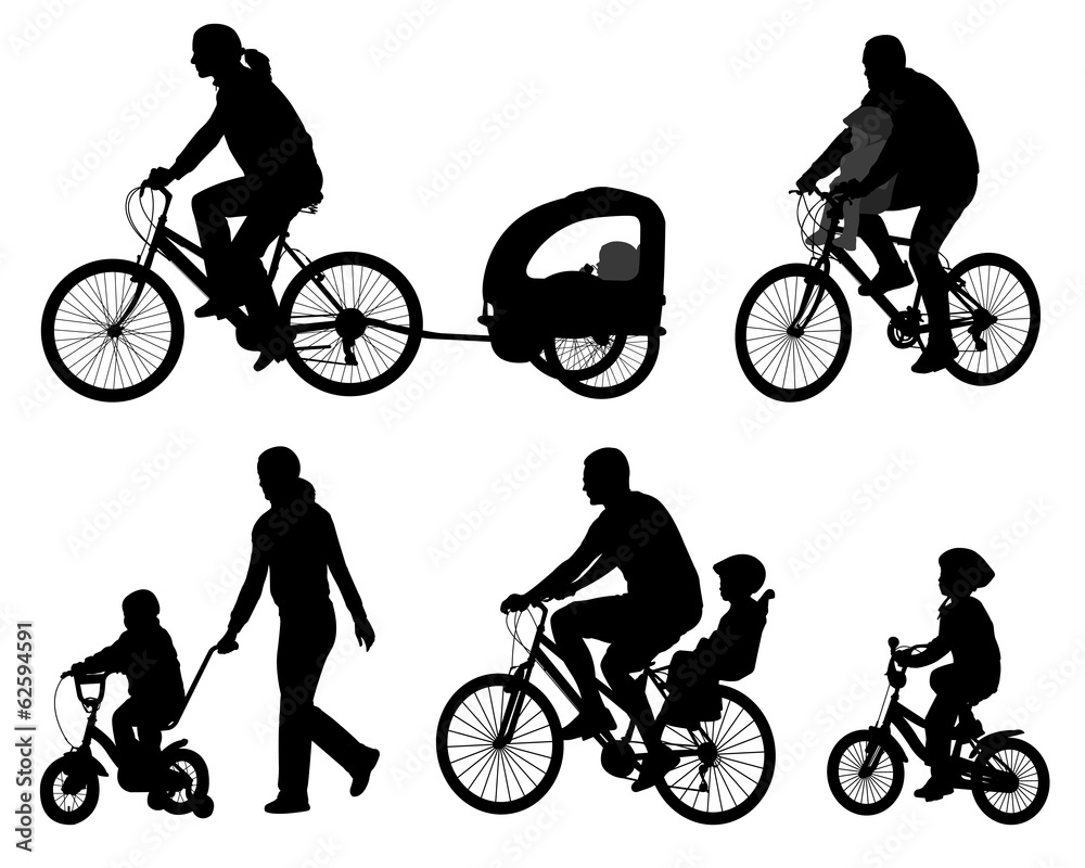 Fototapeta premium parents riding bicycles with their kids silhouettes - vector