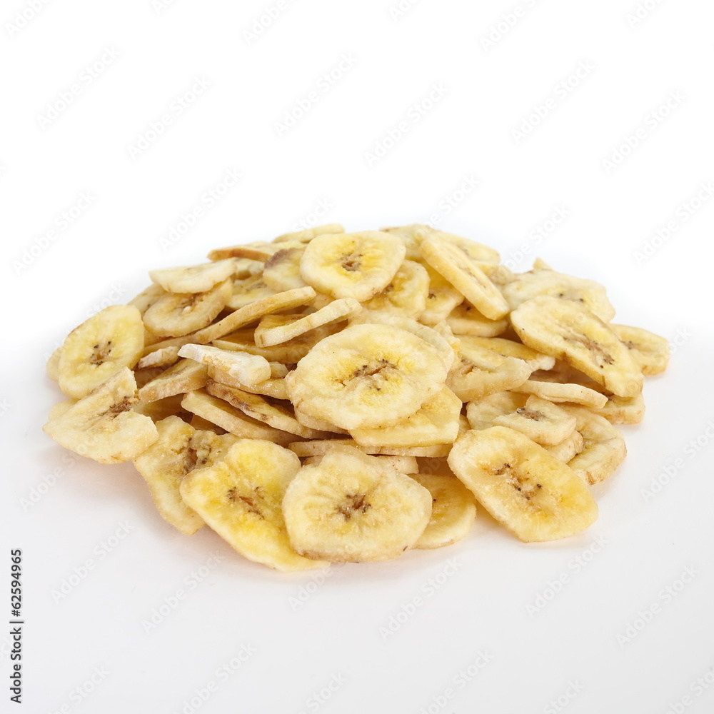 Banana chips, made from dehydrated slices of fresh ripe bananas