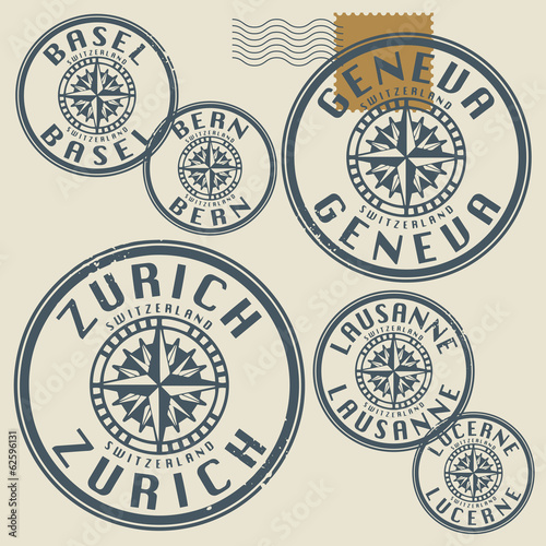 Grunge rubber stamp set with names of Switzerland cities