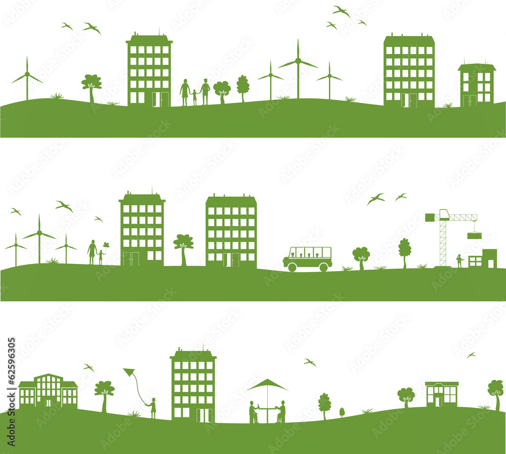 city with cartoon houses, green eco panorama city with cartoon houses, green eco panorama