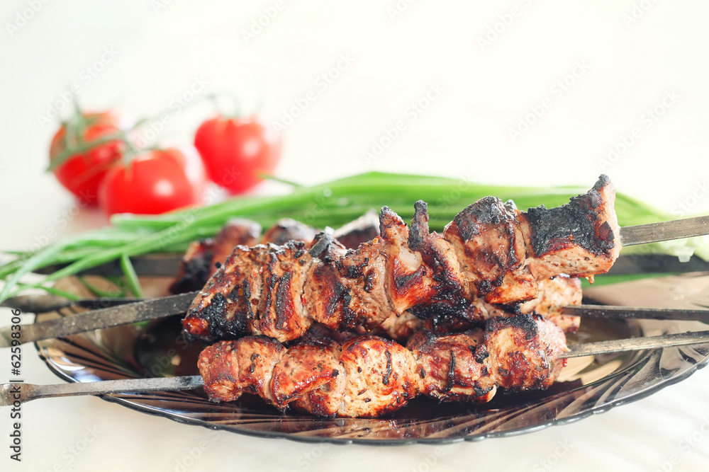 grilled pork meat on the plate, pork barbecue grilled pork meat on the plate, pork barbecue