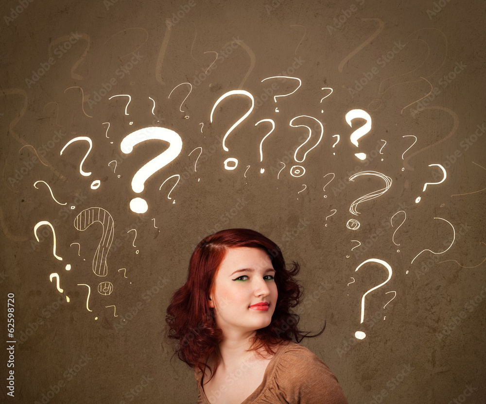 girl with question mark symbols around her head girl with question mark symbols around her head