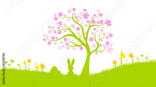 Blumenwiese mit Hase und Ostereiern