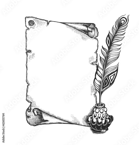Beauty feather and blank scroll. Quill pen, inkwell