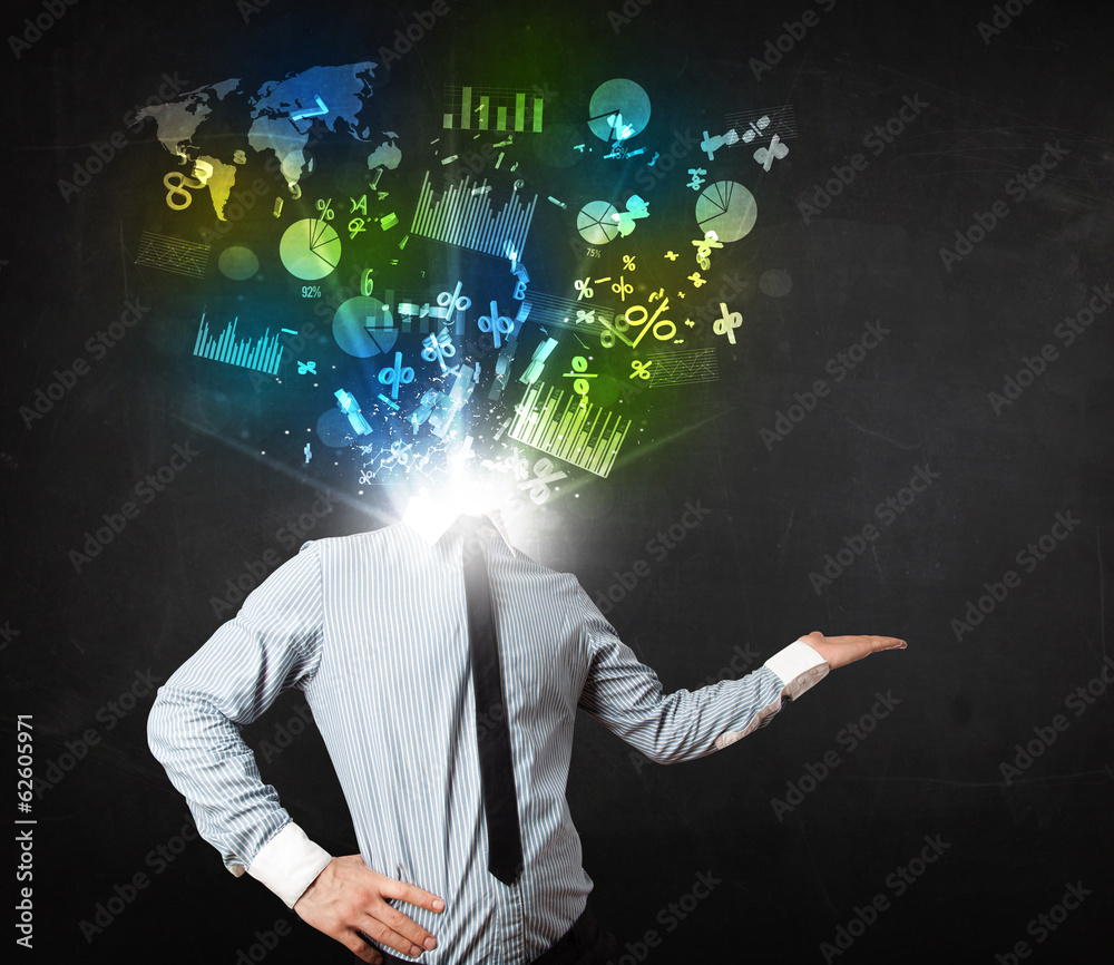 Business man in suit with graph and charts exploding from his bo Business man in suit with graph and charts exploding from his bo