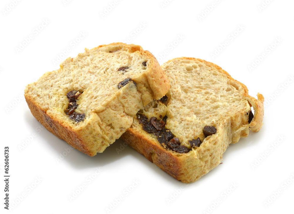 Sliced raisin bread isolated on white background