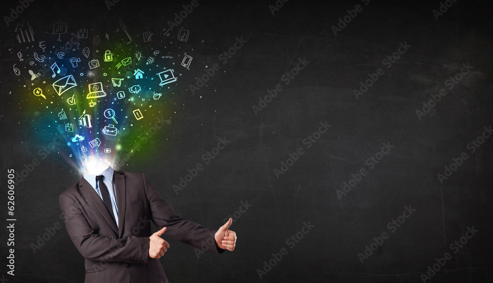 Business man with glowing media icons exploding head Business man with glowing media icons exploding head