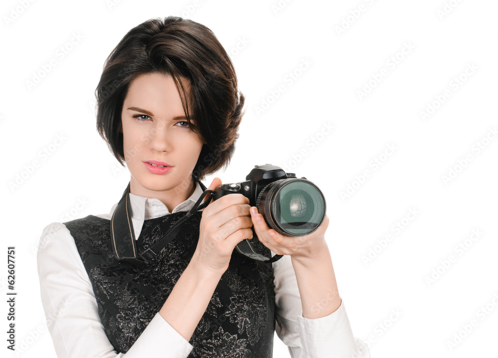 portrait of beauty brunette with camera on white portrait of beauty brunette with camera on white