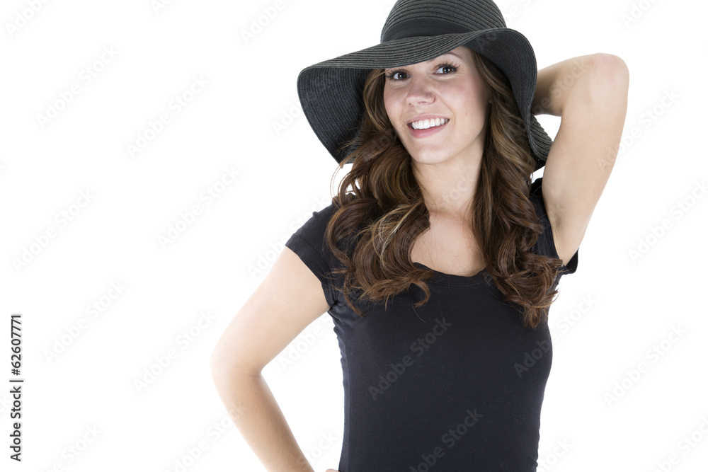 pretty brunette wearing black t-shirt and sun hat pretty brunette wearing black t-shirt and sun hat