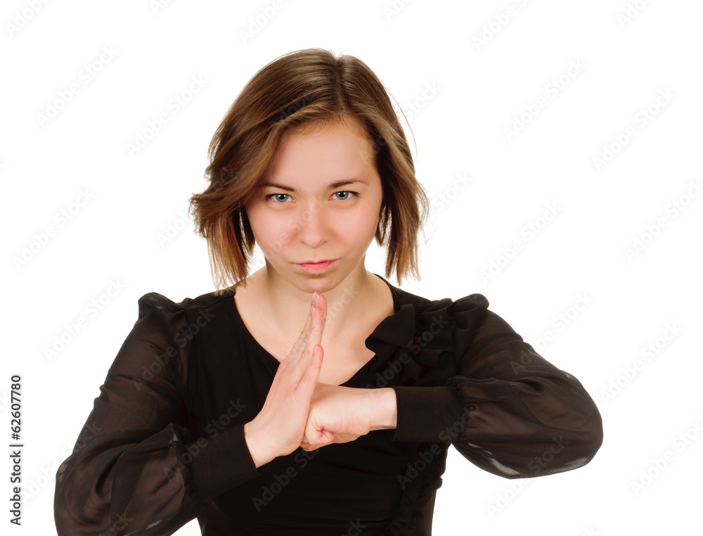 young woman showing negative sign on white background young woman showing negative sign on white background