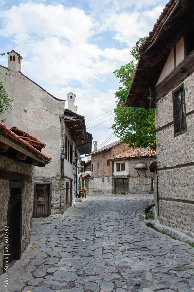 View of paved walkway with traditional bulgarian architecture