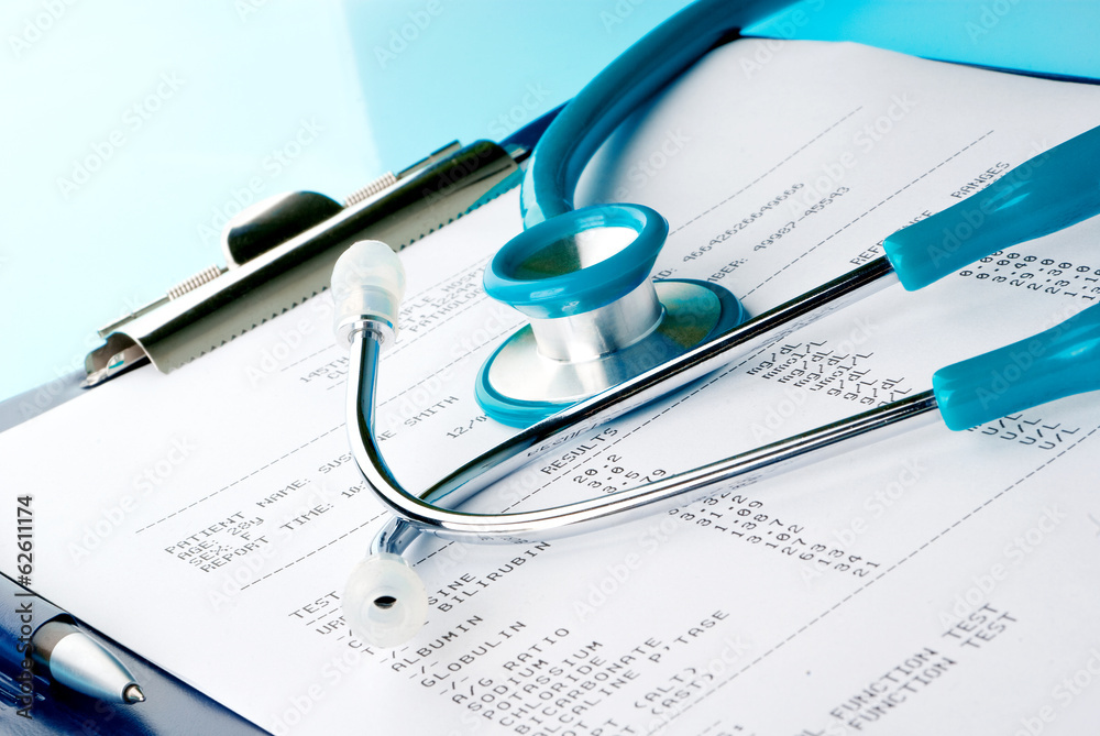 Blood test results in a clipboard with stethoscope Blood test results in a clipboard with stethoscope