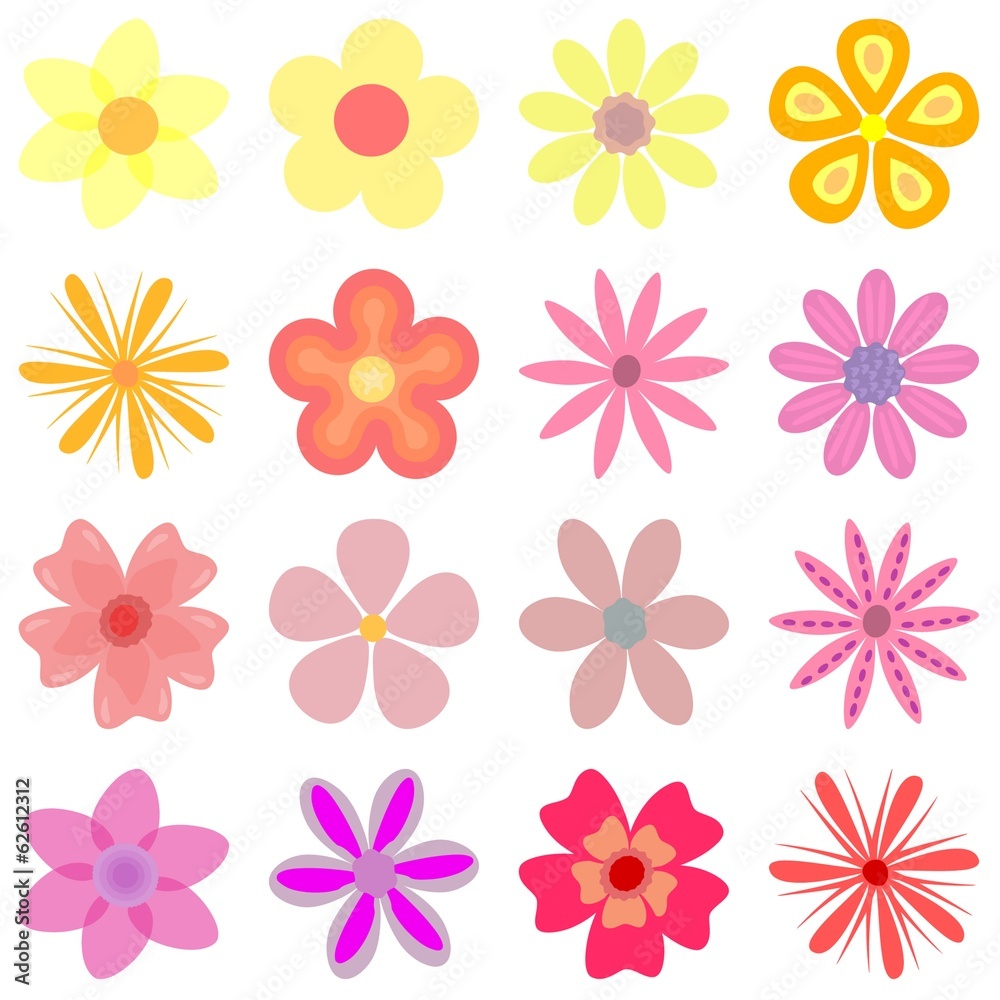 Set mit 16 einfachen Blumen in gelb, rosa, pink, orange und rot