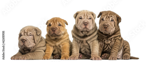 Front view of Shar Pei puppies sitting in a row photo