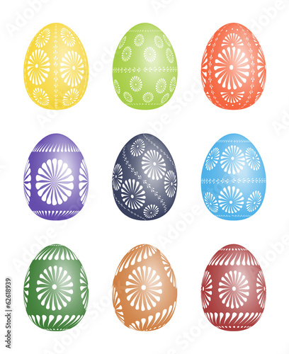 Pysanky - traditional eastern Europe Easter Eggs decorated with wax . Illustration over white background. Colorful eggs with a traditional white pattern.