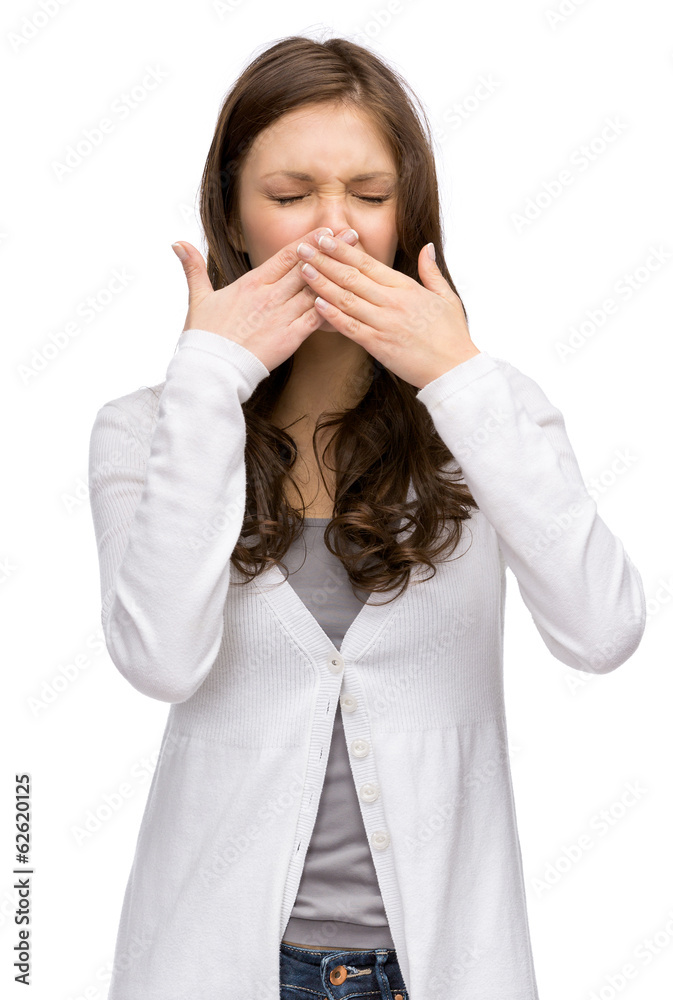 Portrait of woman with closed eyes covering her nose Portrait of woman with closed eyes covering her nose