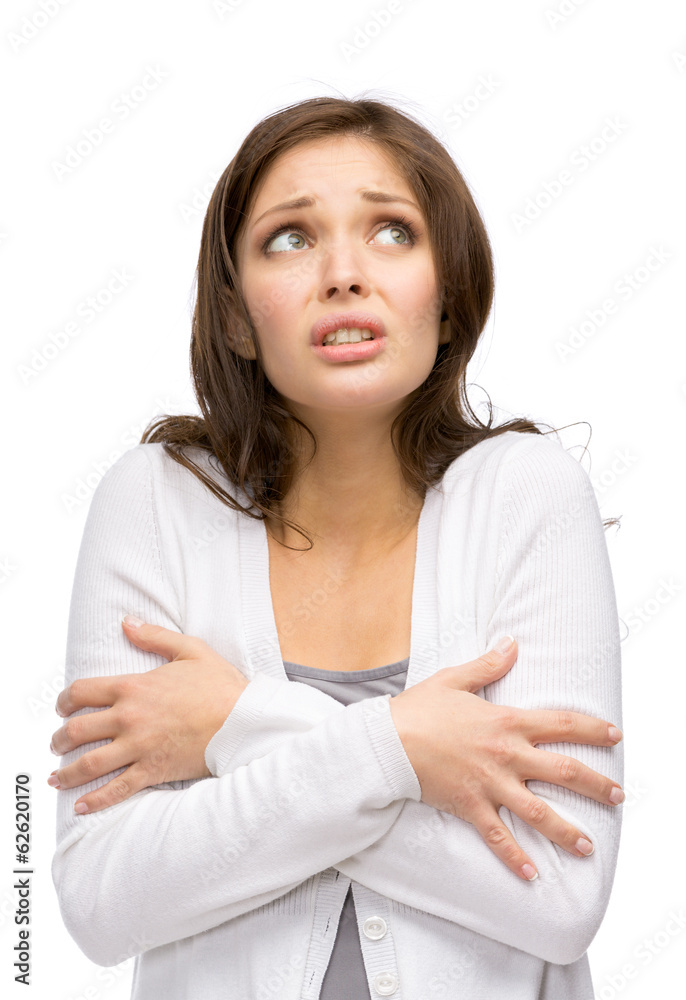 Half-length portrait of trembling girl, isolated on white Half-length portrait of trembling girl, isolated on white