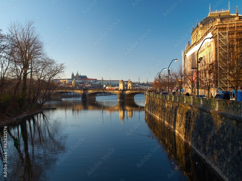 View to the Legion Bridge on the Vltava river in Prague.