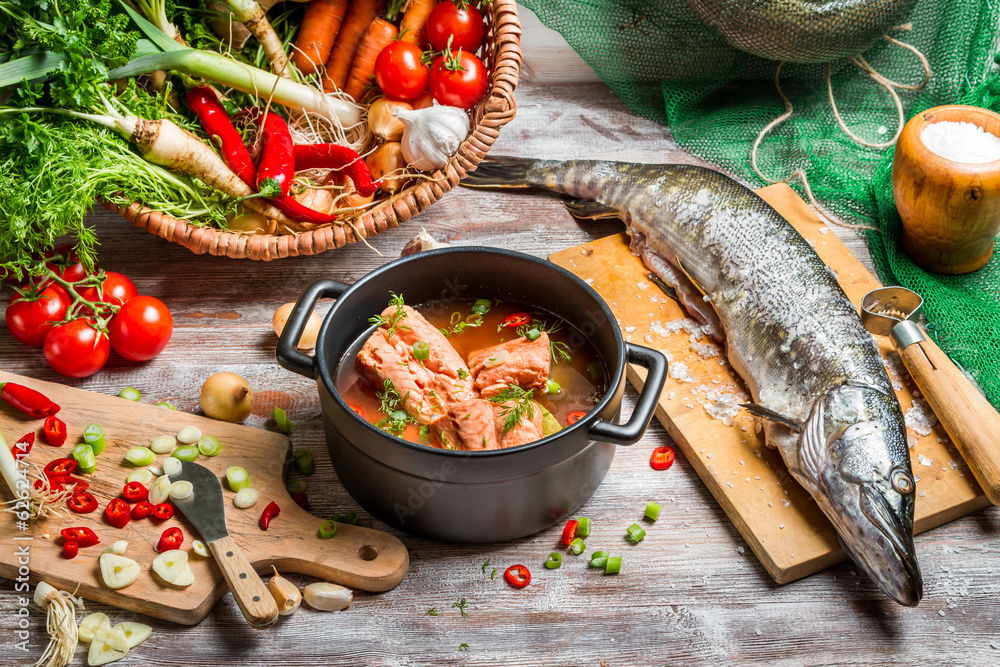 Fotografie Fresh ingredients for fish soup