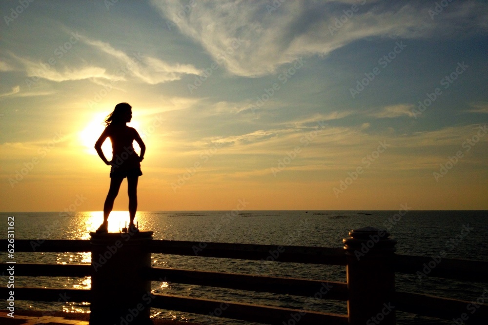 silhouette of woman standing at the sea silhouette of woman standing at the sea