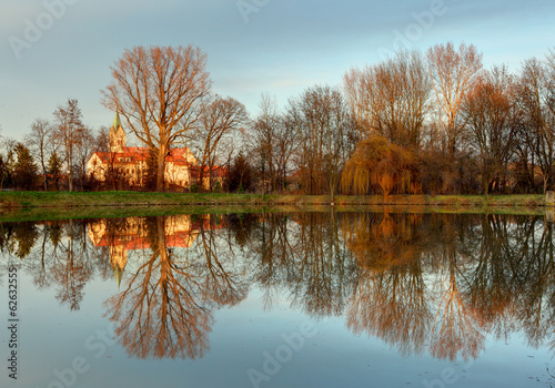 Church with reflection in pond, Cifer