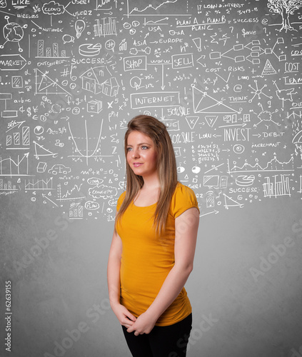 Young pretty lady with hand drawn calculations and icons