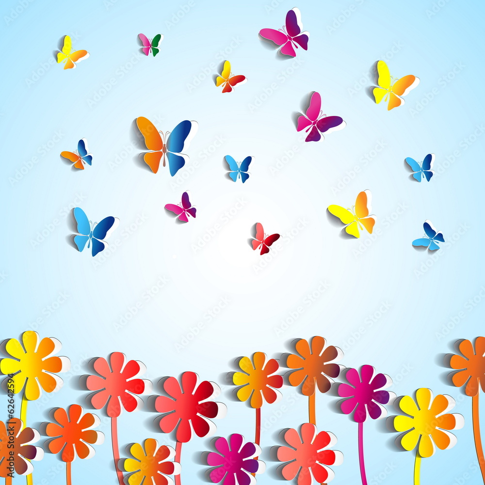 Abstract paper Flowers background - paper butterflies - spring t
