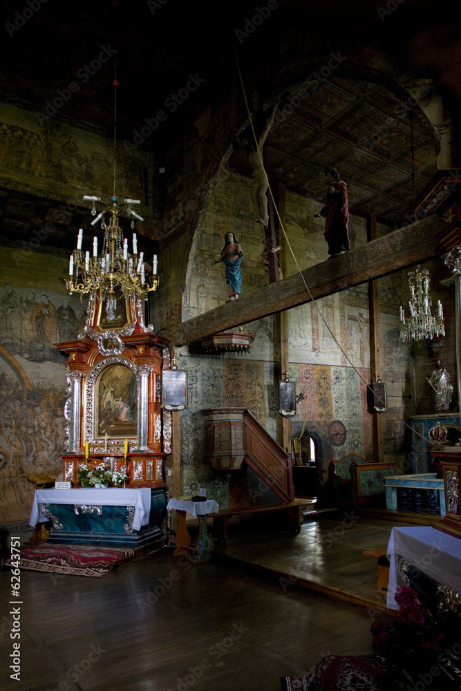 interior of wooden church, Blizne, Poland