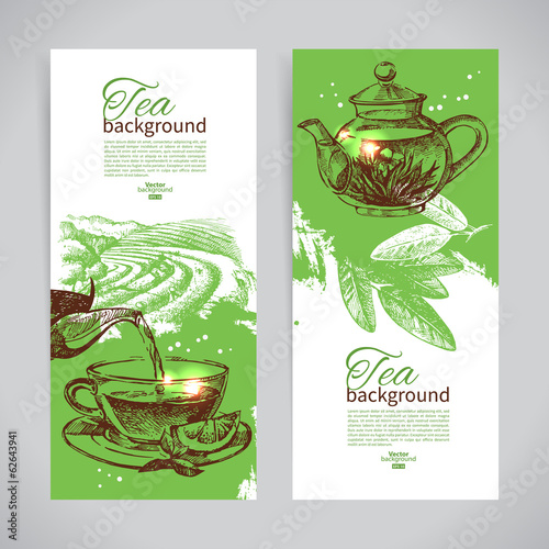 Set of tea vintage banners. Hand drawn sketch illustrations