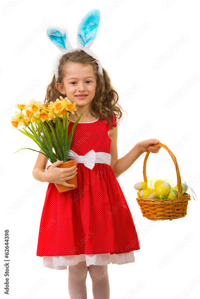 Beauty girl holding easter basket - obrazy, fototapety, plakaty 
