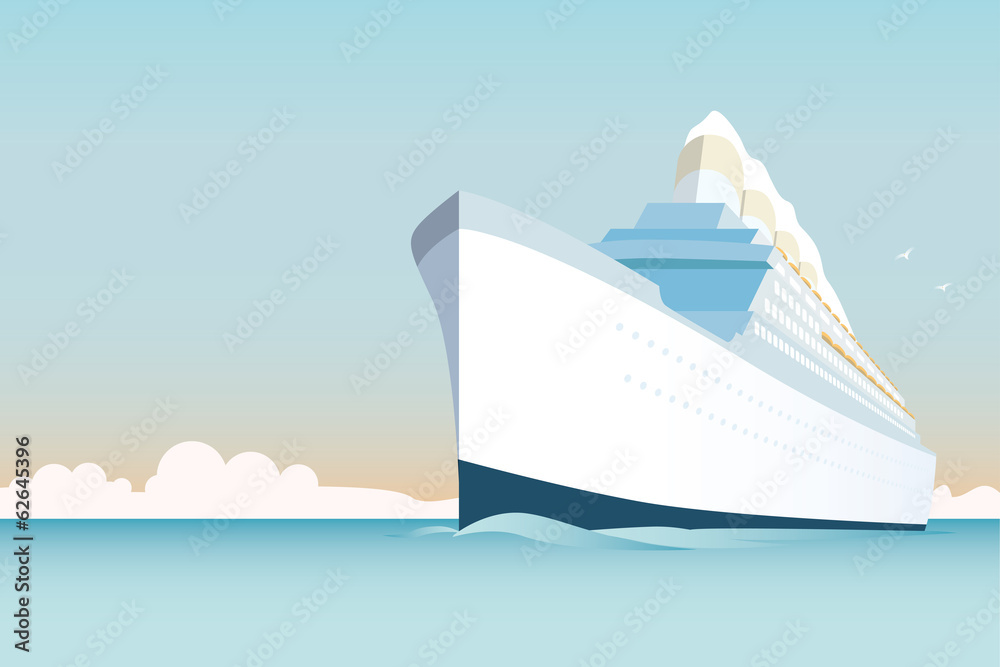 Fototapeta premium Retro style white cruise ship on the ocean
