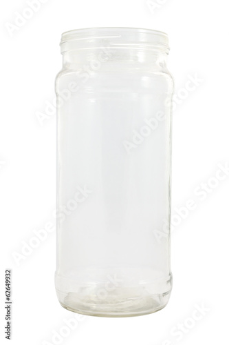 Front of glass bottle with opened cover on white background.