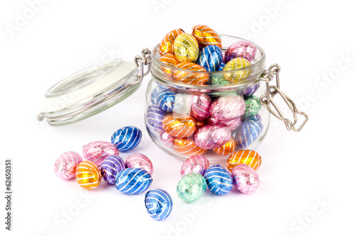 Chocolate easter eggs in a preserving jar