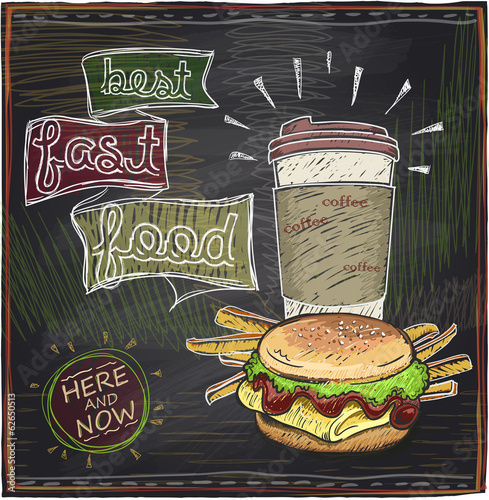 Chalkboard design with hamburger, french fries and coffee.