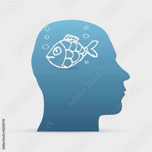 Human head with hand drawn fish in water icon